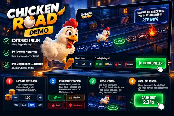Chicken Road Demo kostenlos im Browser spielen mit virtuellem Guthaben, vier Schwierigkeitsgraden, Spielanleitung und Cash-out-Funktion
