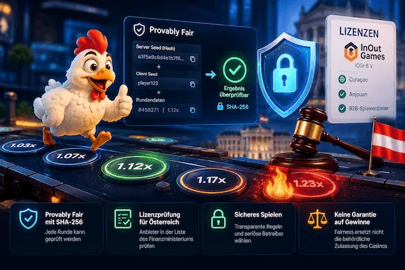 Chicken Road Spiel mit Provably-Fair-Prüfung, Server- und Client-Seed, Sicherheitssymbolen und Informationen zur Lizenzprüfung für Spieler in Österreich