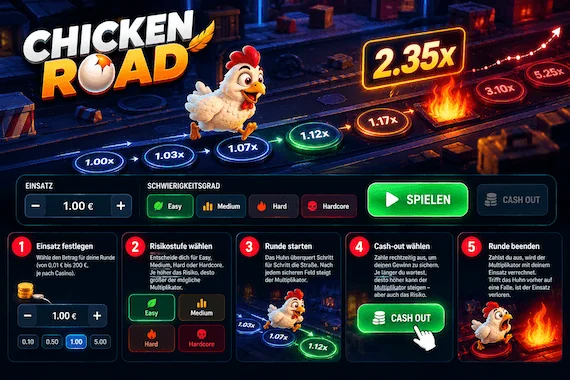 Chicken Road Spielanleitung mit fünf Schritten: Einsatz festlegen, Schwierigkeitsgrad auswählen, Runde starten, Cash-out nutzen und Spielrunde beenden